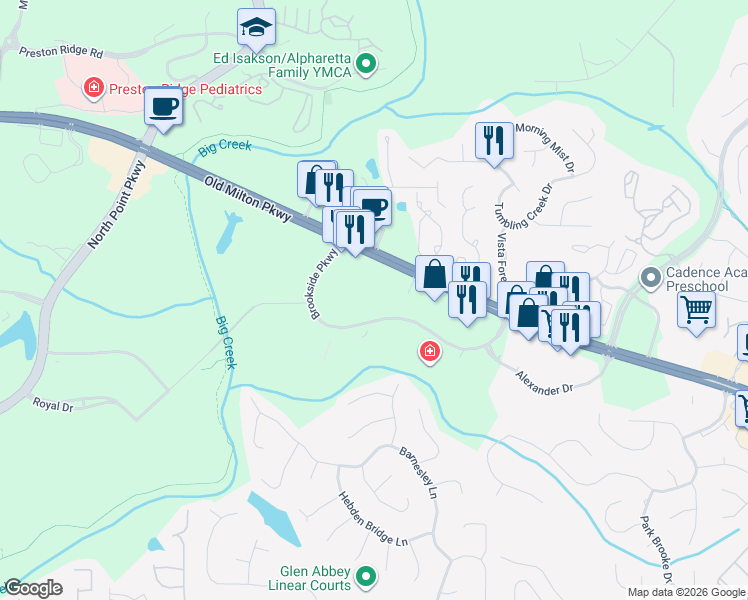 map of restaurants, bars, coffee shops, grocery stores, and more near 3700 Brookside Parkway in Alpharetta