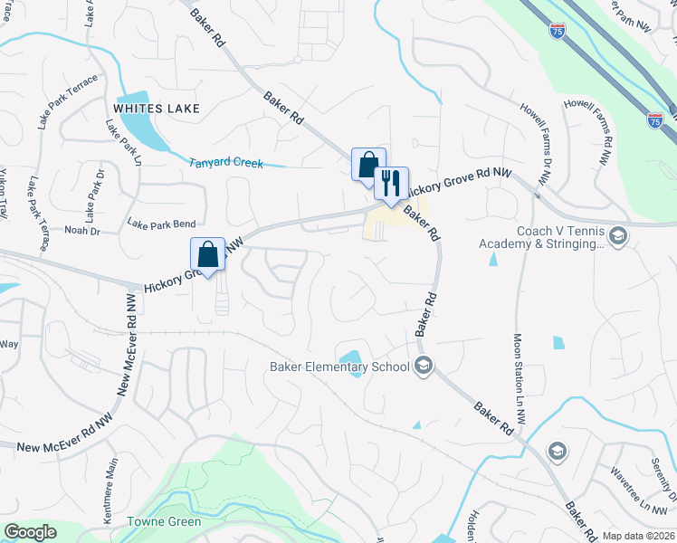 map of restaurants, bars, coffee shops, grocery stores, and more near 4481 Thorngate Lane in Acworth