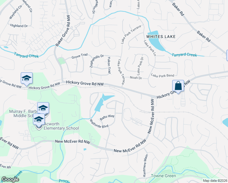 map of restaurants, bars, coffee shops, grocery stores, and more near 3100 Delacorte Drive in Acworth