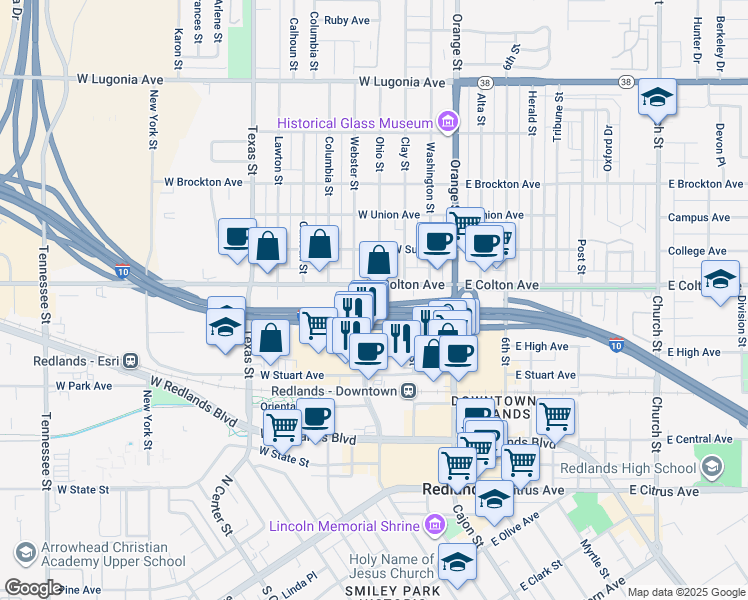 map of restaurants, bars, coffee shops, grocery stores, and more near 720 North Eureka Street in Redlands