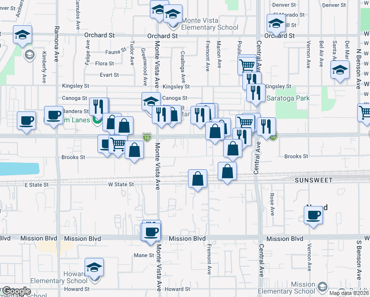 map of restaurants, bars, coffee shops, grocery stores, and more near 5007 Holt Boulevard in Montclair