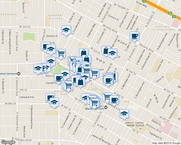 map of restaurants, bars, coffee shops, grocery stores, and more near 512 South Carondelet Street in Los Angeles