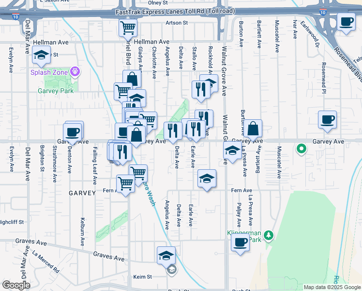 map of restaurants, bars, coffee shops, grocery stores, and more near 8408 Garvey Avenue in Rosemead