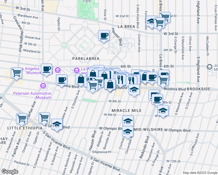 map of restaurants, bars, coffee shops, grocery stores, and more near 5660 Wilshire Boulevard in Los Angeles