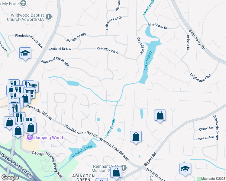 map of restaurants, bars, coffee shops, grocery stores, and more near 875 Westfield Row Northwest in Acworth