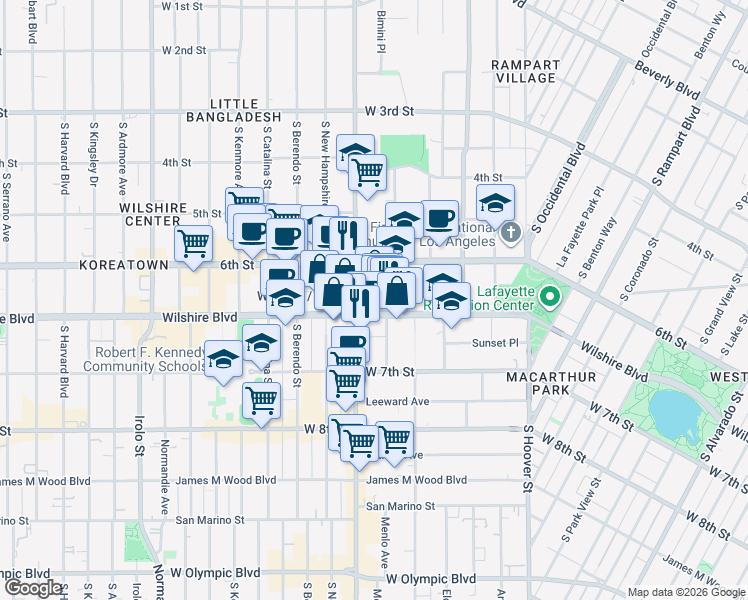 map of restaurants, bars, coffee shops, grocery stores, and more near 3183 Wilshire Boulevard in Los Angeles
