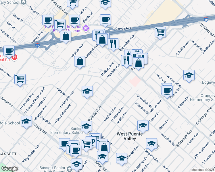 map of restaurants, bars, coffee shops, grocery stores, and more near 14020 Barrydale Street in La Puente