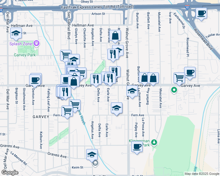map of restaurants, bars, coffee shops, grocery stores, and more near 2736 Earle Avenue in Rosemead