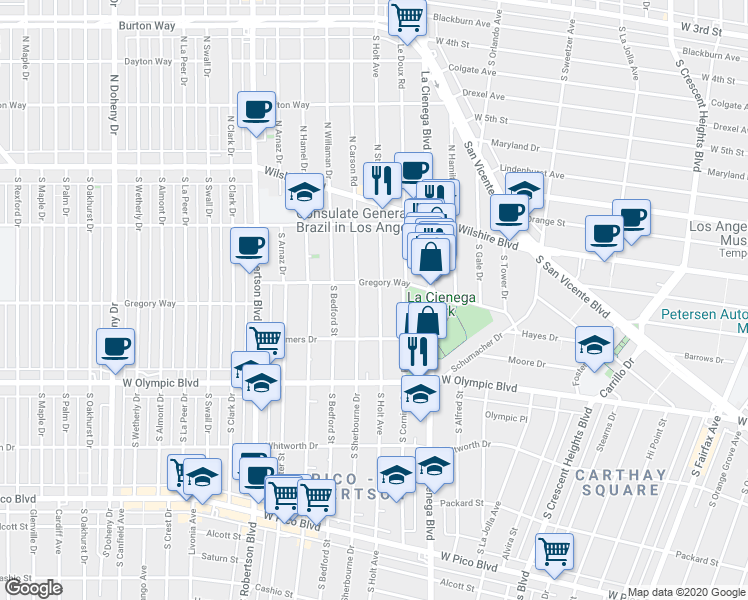 map of restaurants, bars, coffee shops, grocery stores, and more near 819 South Holt Avenue in Los Angeles