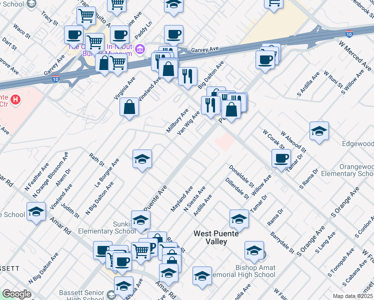 map of restaurants, bars, coffee shops, grocery stores, and more near 14039 Barrydale Street in La Puente