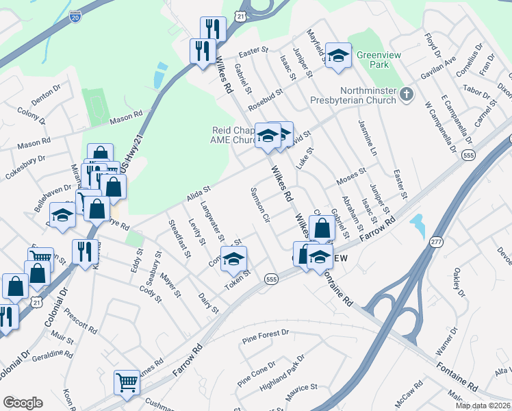 map of restaurants, bars, coffee shops, grocery stores, and more near 69 Samson Circle in Columbia