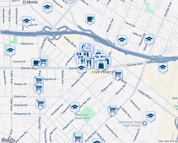 map of restaurants, bars, coffee shops, grocery stores, and more near 11910 Garvey Avenue in El Monte
