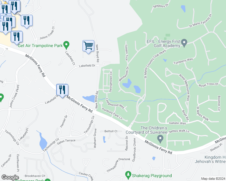 map of restaurants, bars, coffee shops, grocery stores, and more near 7740 Georgetown Circle in Suwanee