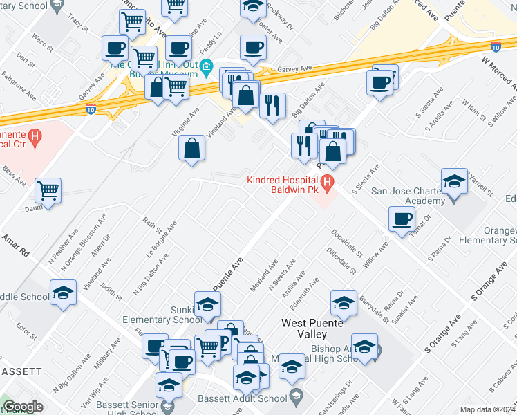 map of restaurants, bars, coffee shops, grocery stores, and more near 14020 Barrydale Street in La Puente