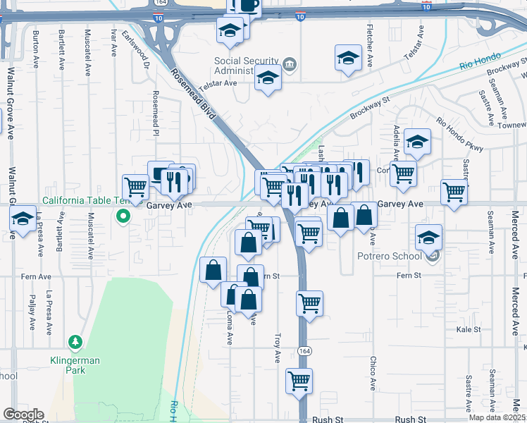 map of restaurants, bars, coffee shops, grocery stores, and more near 2760 Lee Avenue in South El Monte