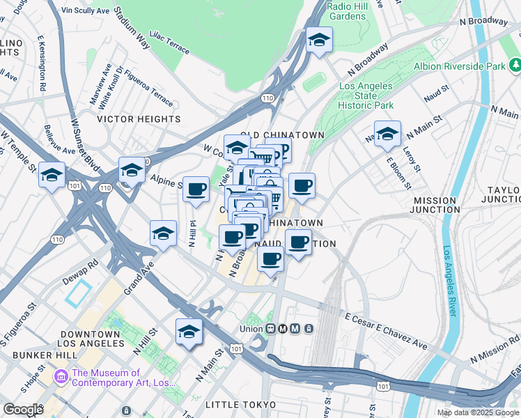 map of restaurants, bars, coffee shops, grocery stores, and more near North Broadway & Alpine Street in Los Angeles