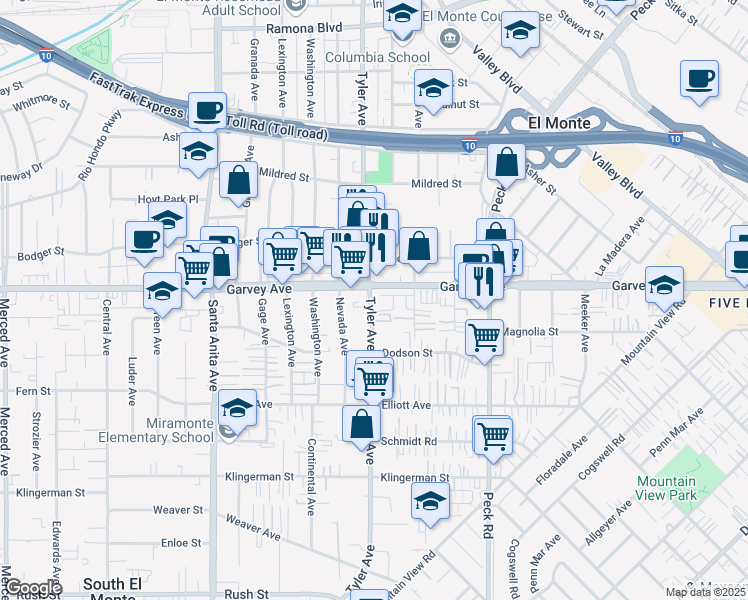 map of restaurants, bars, coffee shops, grocery stores, and more near 2836 Tyler Avenue in El Monte