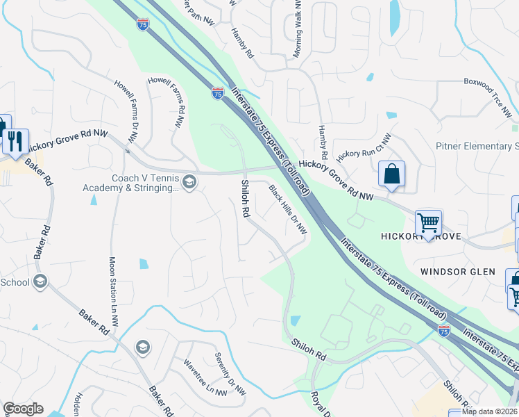 map of restaurants, bars, coffee shops, grocery stores, and more near 4543 Rainier Way Northwest in Acworth