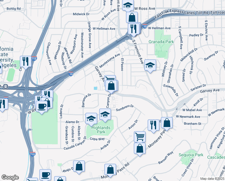 map of restaurants, bars, coffee shops, grocery stores, and more near 1801 Garvey Avenue in Alhambra