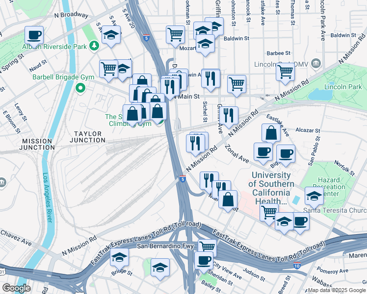 map of restaurants, bars, coffee shops, grocery stores, and more near 1731 Workman Street in Los Angeles