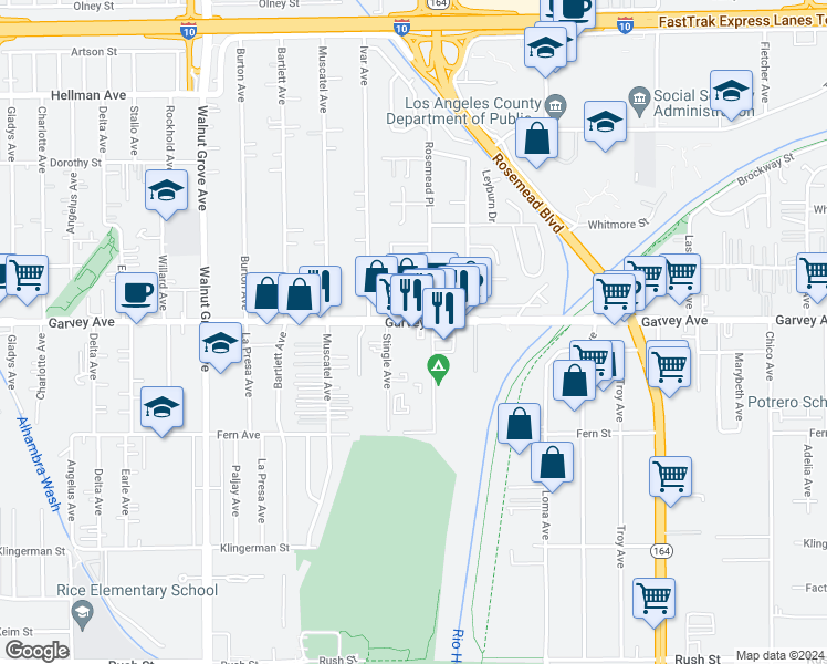 map of restaurants, bars, coffee shops, grocery stores, and more near 8966 Garvey Avenue in Rosemead