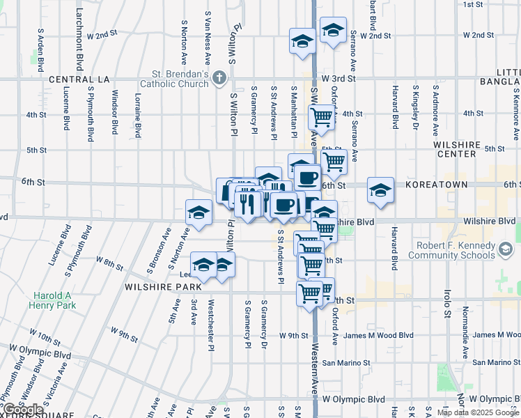 map of restaurants, bars, coffee shops, grocery stores, and more near 3921 Wilshire Boulevard in Los Angeles