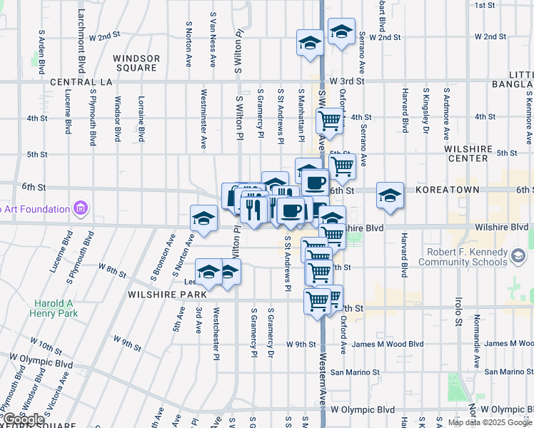 map of restaurants, bars, coffee shops, grocery stores, and more near 634 South Gramercy Place in Los Angeles