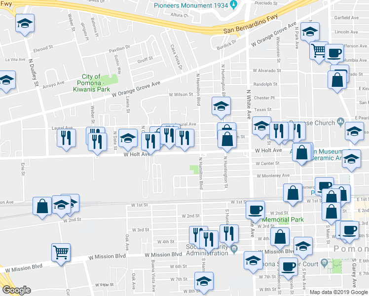 map of restaurants, bars, coffee shops, grocery stores, and more near 855 West Holt Avenue in Pomona