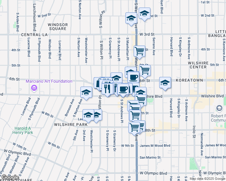 map of restaurants, bars, coffee shops, grocery stores, and more near 634 South Gramercy Place in Los Angeles