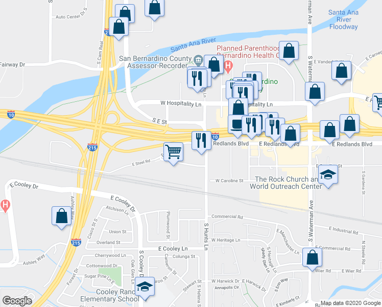 map of restaurants, bars, coffee shops, grocery stores, and more near 2300 East Steel Road in Colton
