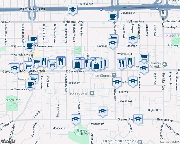 map of restaurants, bars, coffee shops, grocery stores, and more near 710 East Garvey Avenue in Monterey Park