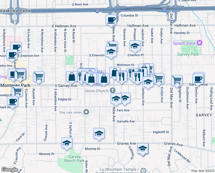 map of restaurants, bars, coffee shops, grocery stores, and more near 101 New Avenue in Monterey Park