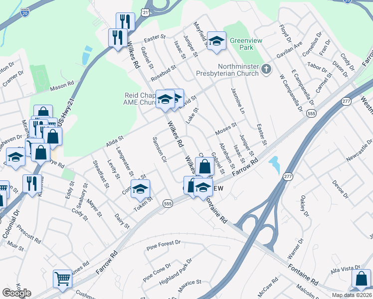 map of restaurants, bars, coffee shops, grocery stores, and more near 308 Wilkes Road in Columbia