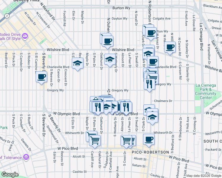 map of restaurants, bars, coffee shops, grocery stores, and more near 272 South Doheny Drive in Beverly Hills