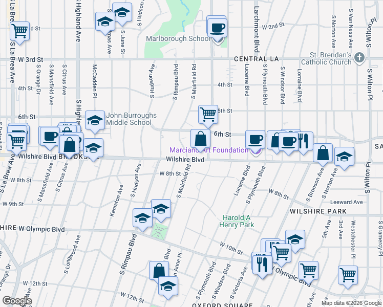 map of restaurants, bars, coffee shops, grocery stores, and more near 4550 Wilshire Boulevard in Los Angeles