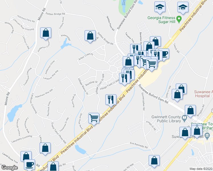 map of restaurants, bars, coffee shops, grocery stores, and more near 4445 Lassen Court in Suwanee