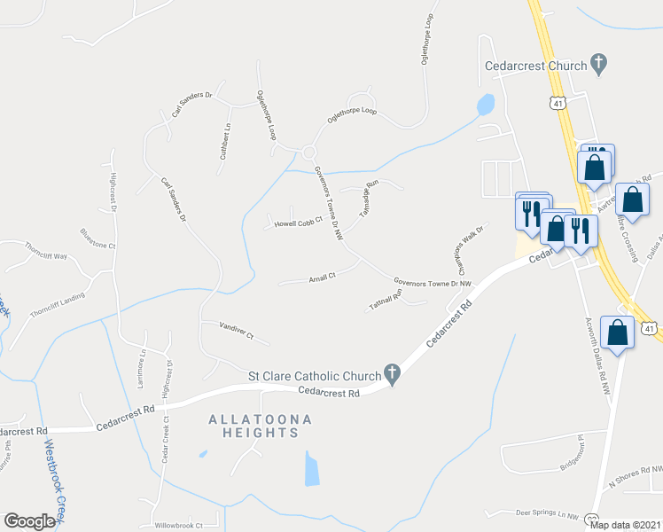 map of restaurants, bars, coffee shops, grocery stores, and more near 6212 Arnall Court in Acworth