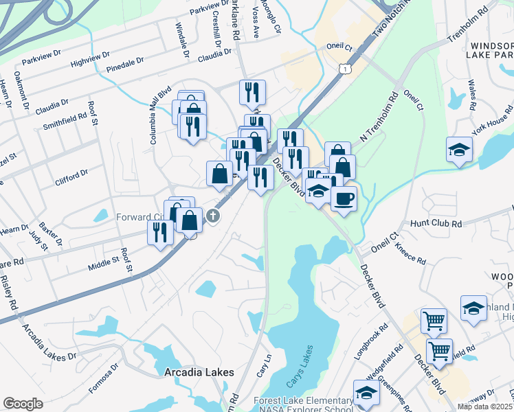 map of restaurants, bars, coffee shops, grocery stores, and more near 6941 North Trenholm Road in Columbia