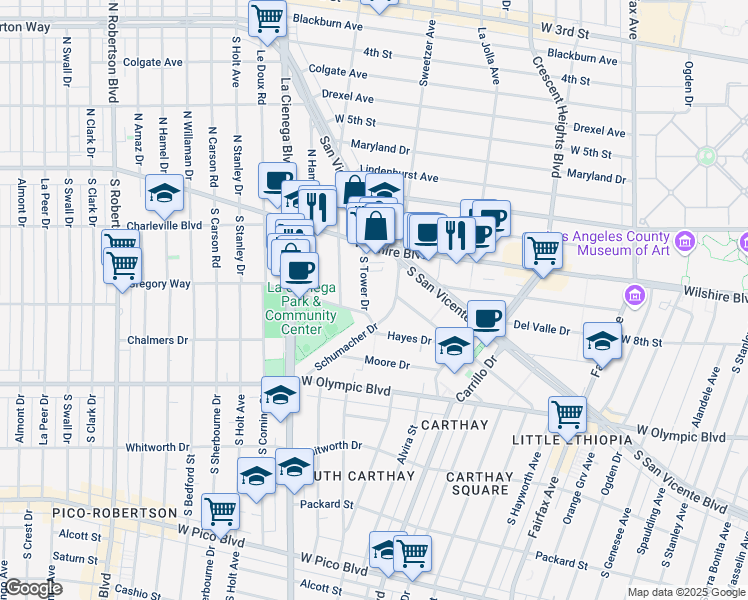 map of restaurants, bars, coffee shops, grocery stores, and more near 234 South Tower Drive in Beverly Hills