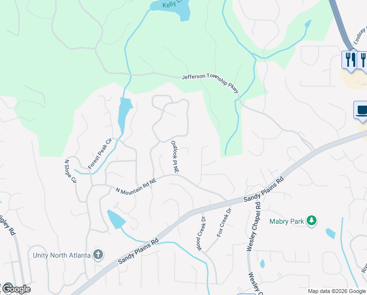 map of restaurants, bars, coffee shops, grocery stores, and more near 3659 Outlook Court in Marietta