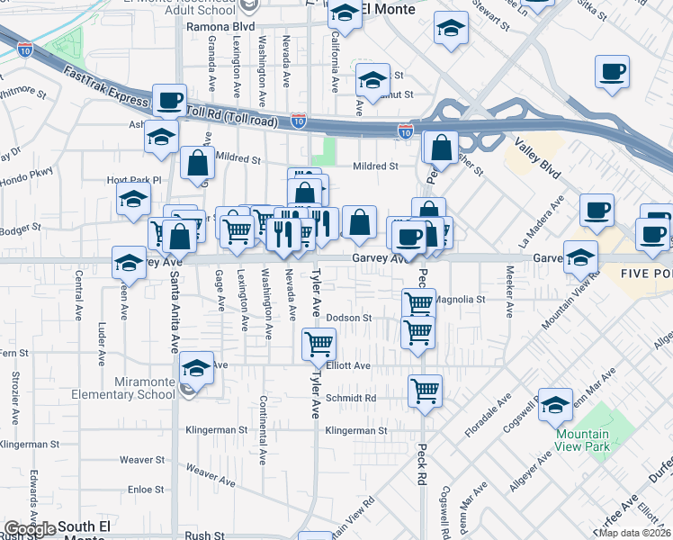 map of restaurants, bars, coffee shops, grocery stores, and more near 2828 Lily Lane in El Monte