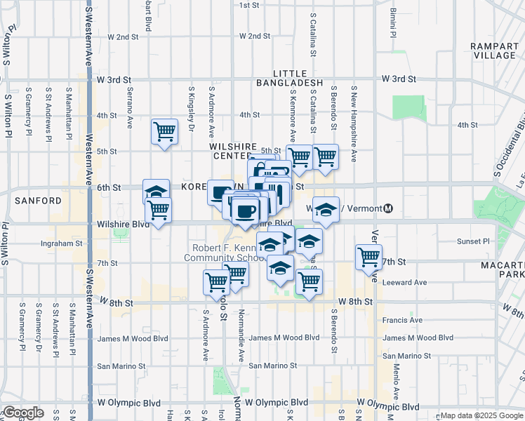 map of restaurants, bars, coffee shops, grocery stores, and more near 3450 Wilshire Boulevard in Los Angeles