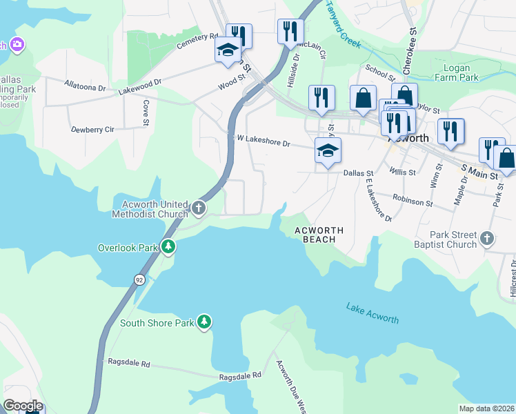 map of restaurants, bars, coffee shops, grocery stores, and more near 4427 Collins Circle in Acworth