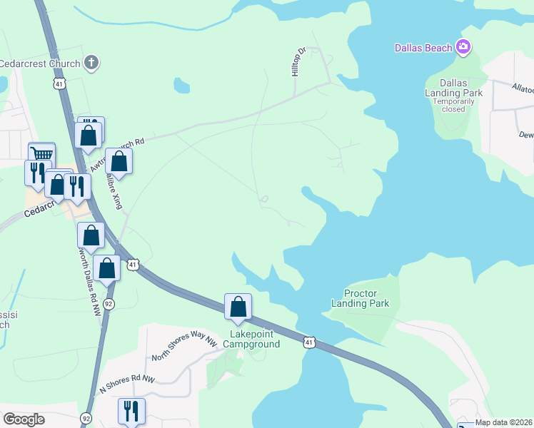 map of restaurants, bars, coffee shops, grocery stores, and more near 4410 Old Grogan Road in Acworth