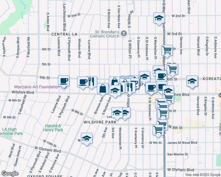 map of restaurants, bars, coffee shops, grocery stores, and more near 4101 Wilshire Boulevard in Los Angeles