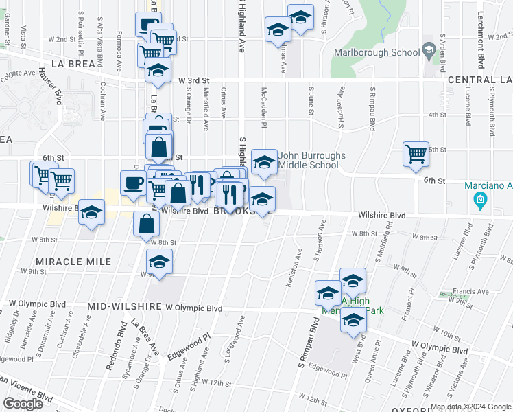map of restaurants, bars, coffee shops, grocery stores, and more near 4925 Wilshire Boulevard in Los Angeles