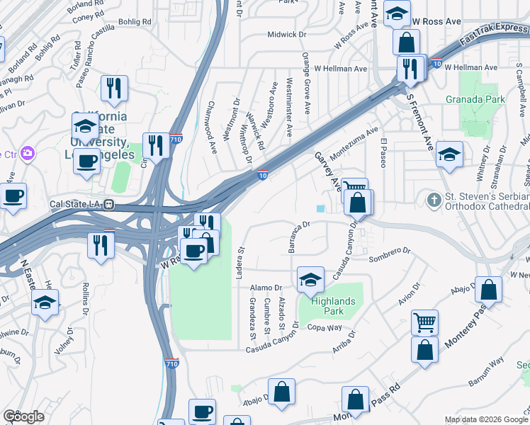 map of restaurants, bars, coffee shops, grocery stores, and more near 131 Ladera Street in Monterey Park