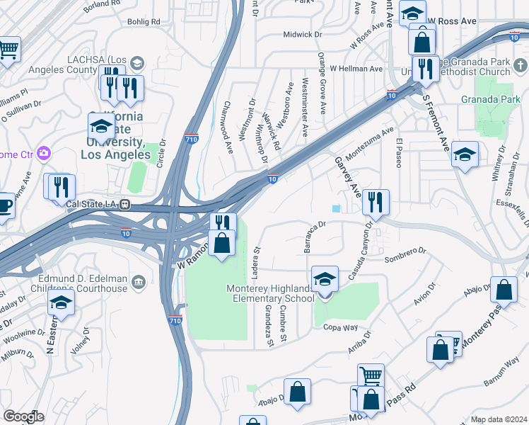 map of restaurants, bars, coffee shops, grocery stores, and more near 3225 Montezuma Avenue in Alhambra