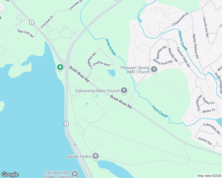 map of restaurants, bars, coffee shops, grocery stores, and more near 6130 Bush River Road in Columbia