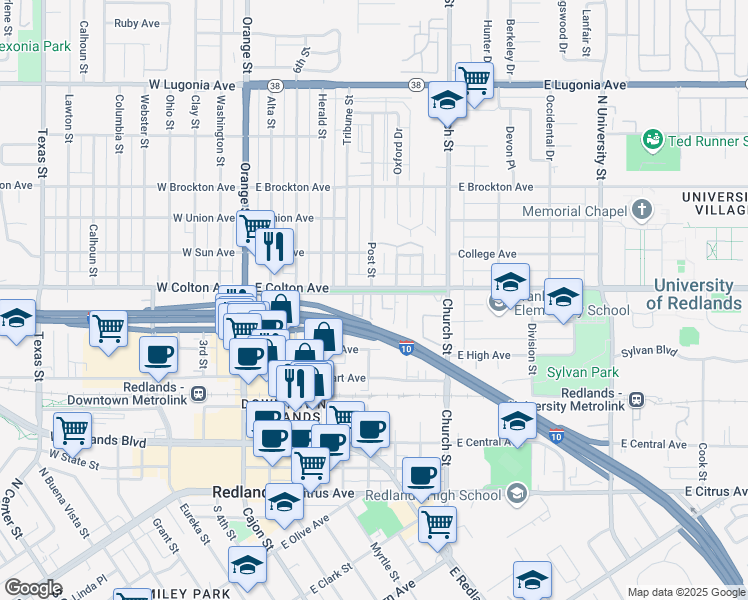 map of restaurants, bars, coffee shops, grocery stores, and more near 500 The Terrace in Redlands